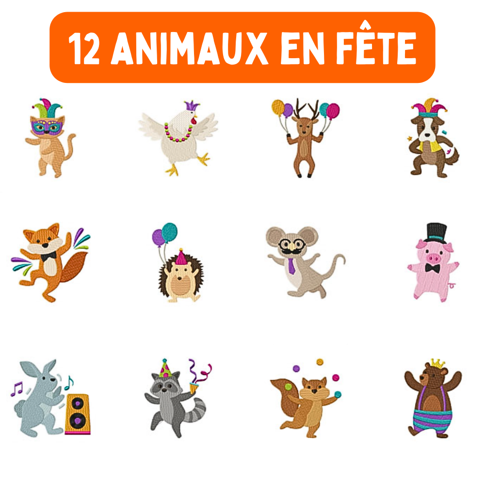 12 motifs de broderie machine : Animaux en Fête