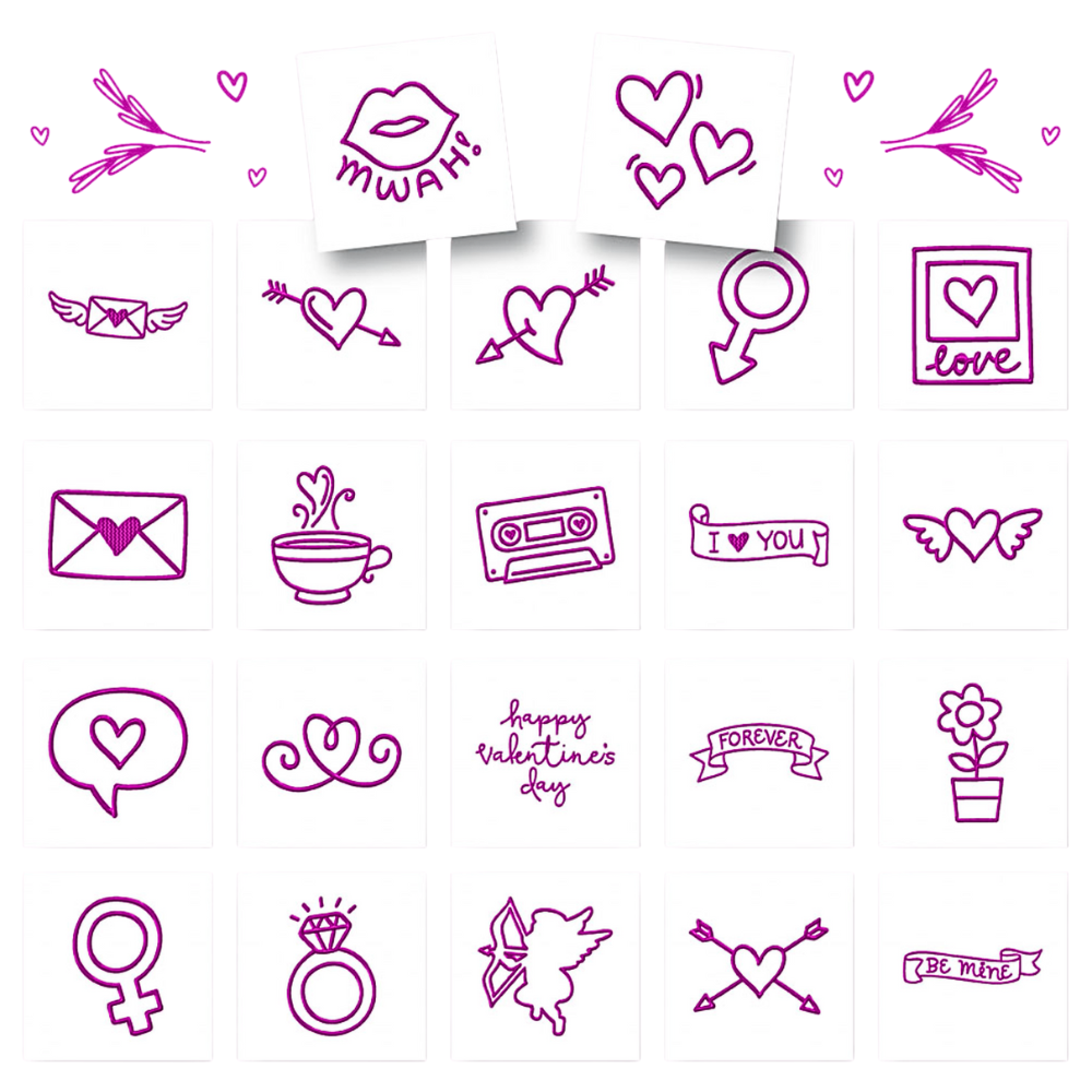 22 motifs de broderie machine : Dessins de la Saint-Valentin