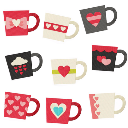 9 motifs de broderie machine : Tasses à Café Saint-Valentin avec Coeur