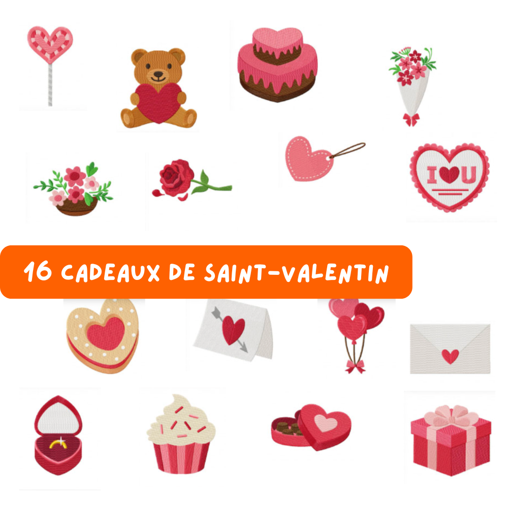 16 motifs de broderie machine : Cadeaux de Saint-Valentin