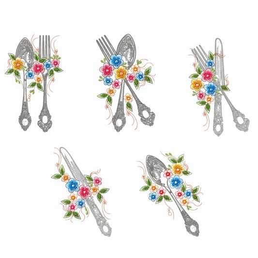 Pack de 5 motifs de broderie machine : ustensiles de cuisine avec fleurs