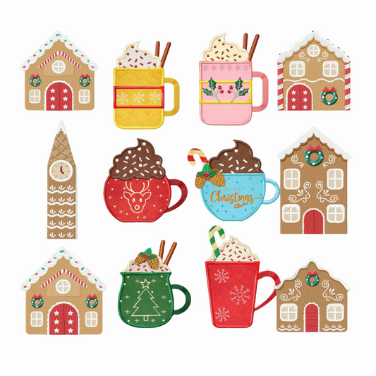 Pack de 12 motifs de broderie et appliqués: Maisons en pain d'épices et boissons