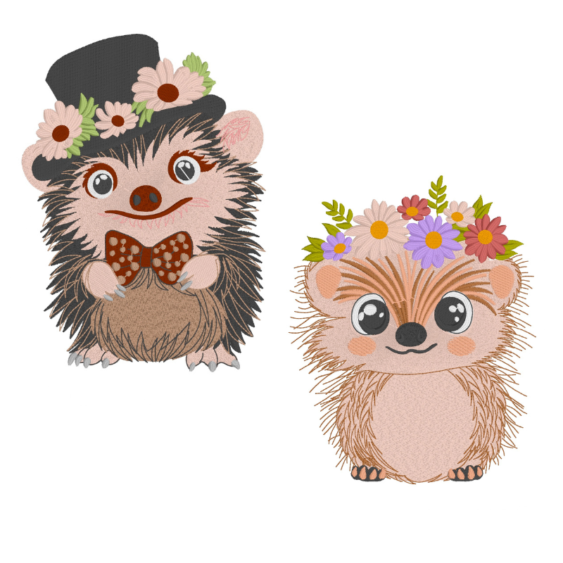 2 Motifs de broderie machine : Couple hérisson fleurs