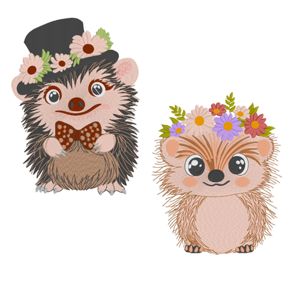 2 Motifs de broderie machine : Couple hérisson fleurs