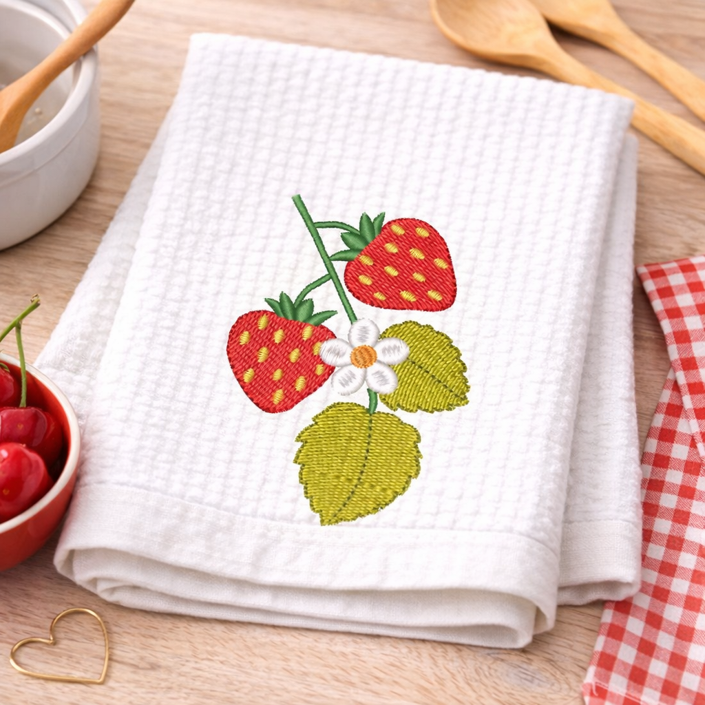Motif de broderie machine : Branche avec Deux Fraises et une Fleur