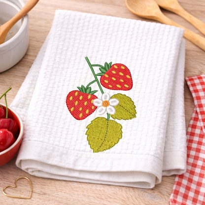 Motif de broderie machine : Branche avec Deux Fraises et une Fleur