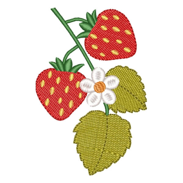 Motif de broderie machine : Branche avec Deux Fraises et une Fleur