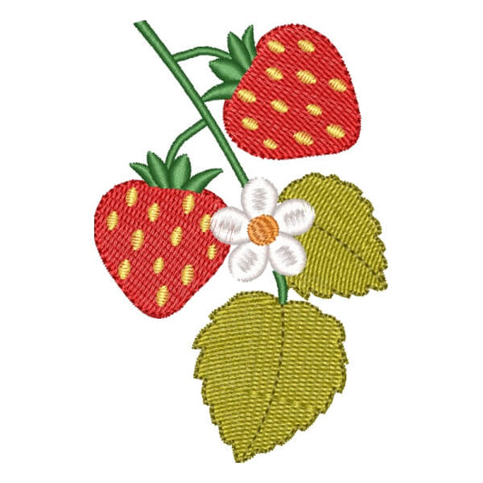 Motif de broderie machine : Branche avec Deux Fraises et une Fleur