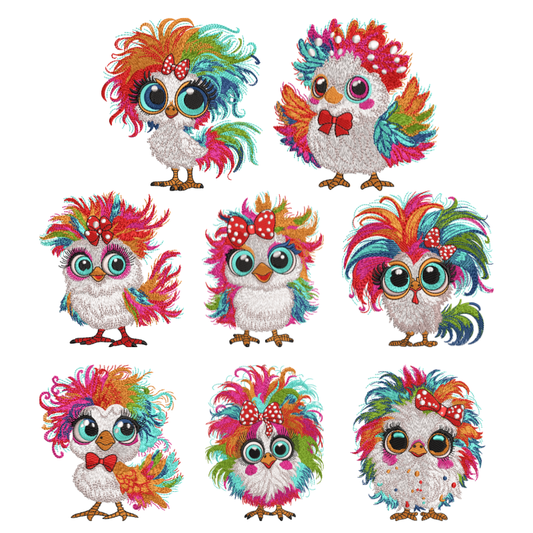 8 Motifs de broderie machine : Poules colorées avec noeud
