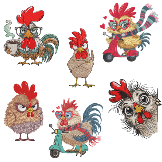 6 Motifs de broderie machine : Coqs Enervés 2