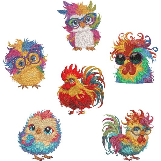5 Motifs de broderie machine : Poulets Colorés