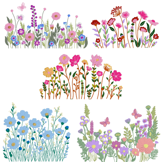 5 motifs de broderie machine : Bordures Fleurs Sauvages 2