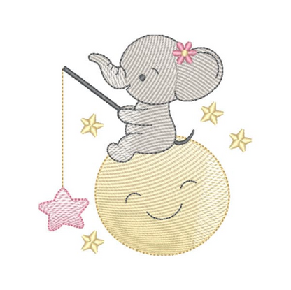 Motif de broderie machine : Bébé Éléphant qui Pêche une Étoile