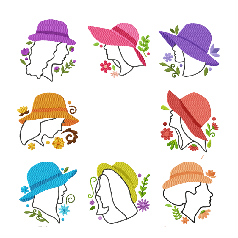 8 motifs de broderie machine : femme avec chapeau