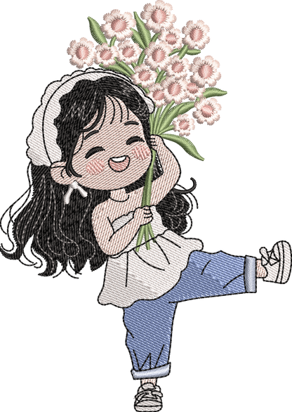 5 Motifs de broderie machine : Fillettes Manga avec fleurs