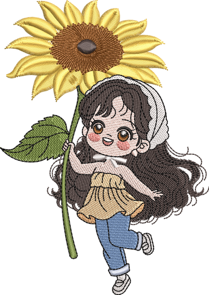 5 Motifs de broderie machine : Fillettes Manga avec fleurs