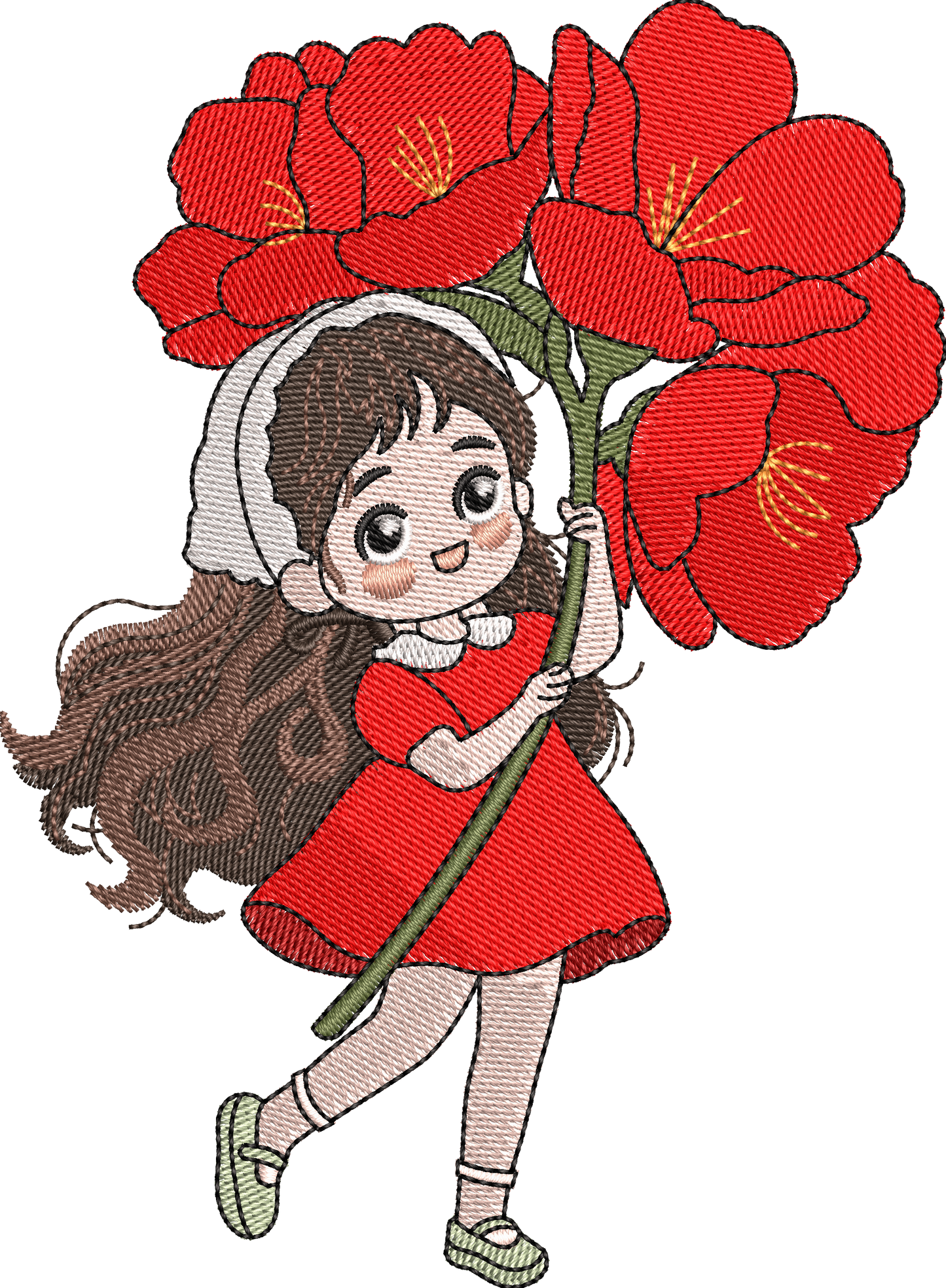 5 Motifs de broderie machine : Fillettes Manga avec fleurs