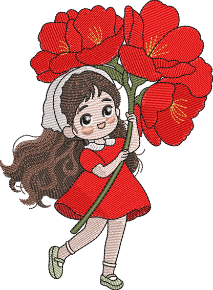 5 Motifs de broderie machine : Fillettes Manga avec fleurs