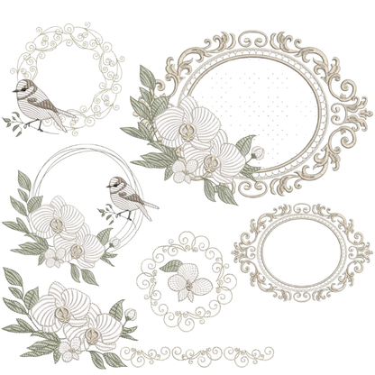 11 motifs de broderie machine : Orchidée avec Oiseau Couronne et bordure