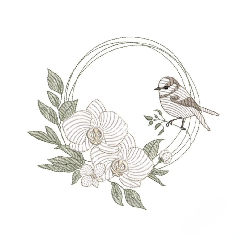 11 motifs de broderie machine : Orchidée avec Oiseau Couronne et bordure
