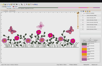 Motif de broderie machine : Bordure Petites Fleurs et Papillons