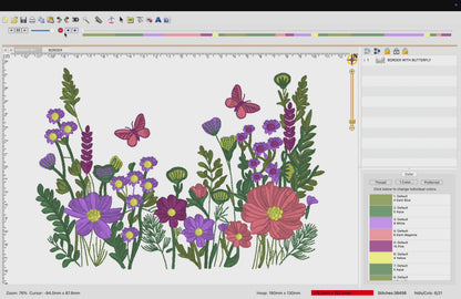 2 motifs de broderie machine : Bordures Fleurs Papillons