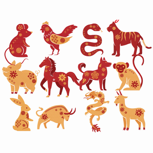 Pack de 12 motifs de broderie numérique : Signes du zodiaque du Nouvel An Chinois